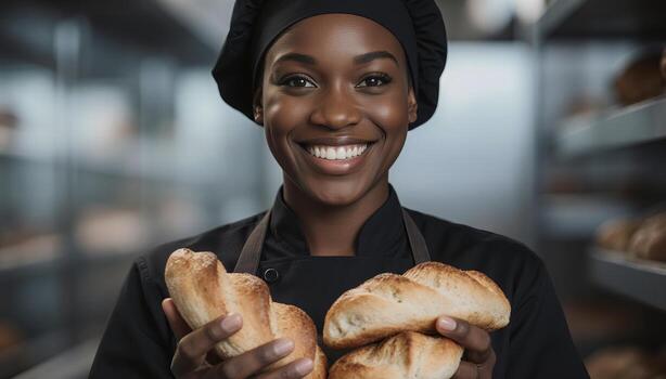 Baker holding fresh bread